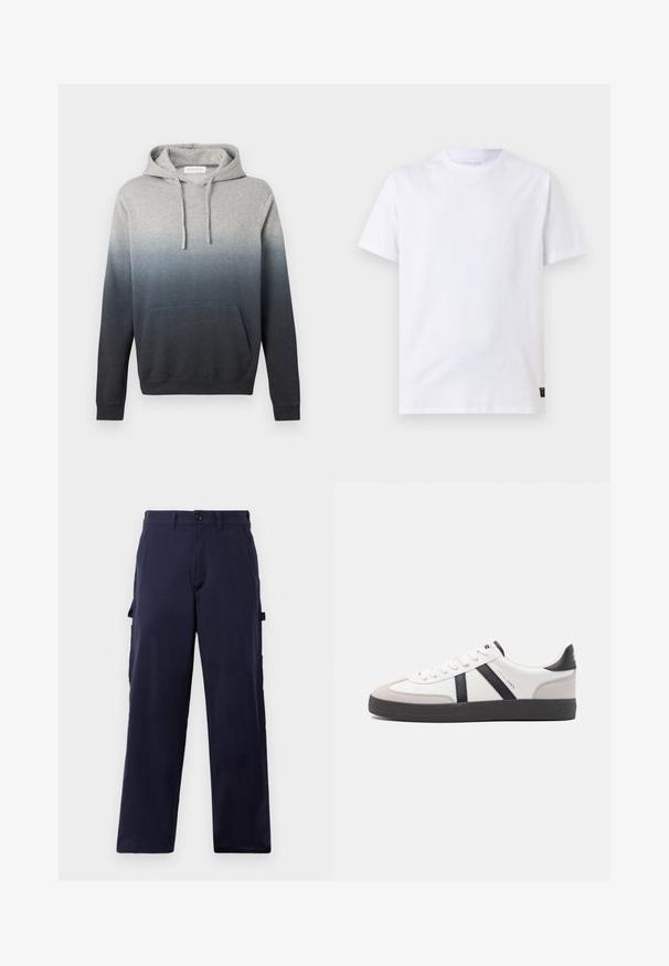 Sudadera con capucha en degradado de gris a negro, con bolsillo canguro y capucha con cordón, mangas largas y puños y dobladillo acanalados.; Camiseta blanca lisa de manga corta con cuello redondo y una pequeña etiqueta negra de cuidado en el bajo, sobre un fondo gris claro.; Pantalones rectos de color azul marino con pasadores para cinturón, cierre delantero con botón y bolsillos laterales para herramientas, exhibidos sobre un fondo blanco.; Zapatilla blanca con acentos en negro y gris, que presenta una puntera texturizada en gris, suela de goma negra y cordones planos blancos. Diseño limpio, estilo minimalista.