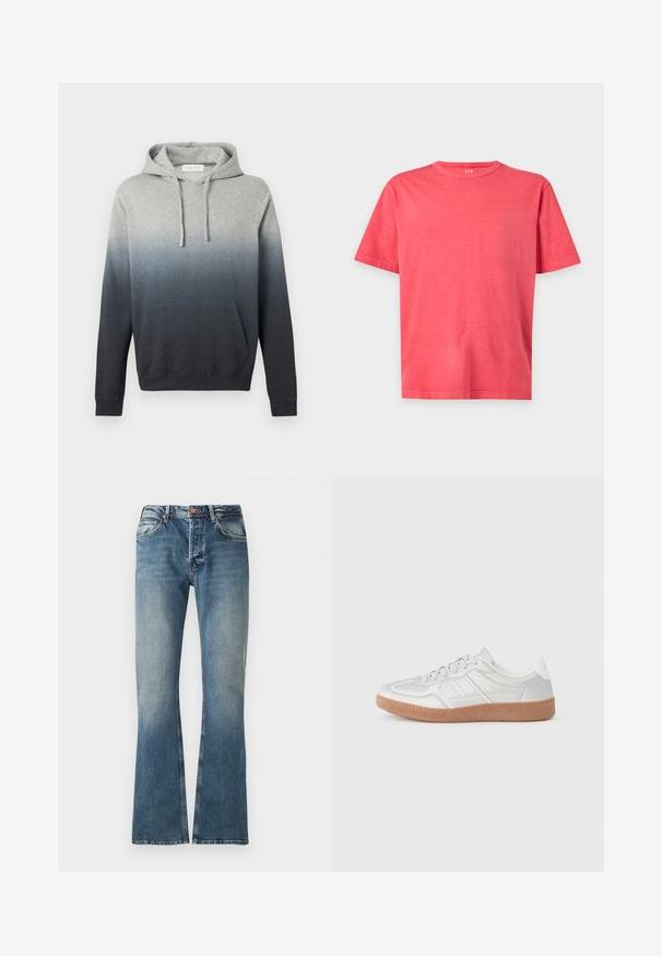 Grau-schwarzer Ombre-Hoodie mit Kängurutasche und Kapuze mit Kordelzug, langen Ärmeln sowie gerippten Bündchen und Saum.; Schlichtes helles korallenrosa T-Shirt mit kurzen Ärmeln und Rundhalsausschnitt in regulärer Passform auf weißem Hintergrund.; Blaue Jeans aus Denim mit einem verwaschenen Effekt, geradem Bein Schnitt, Knopf- und Reißverschluss und fünf Taschen Design.; Silberne Sneakers mit glatter Textur, Schnürdesign, durchbrochenen Akzenten und einer strukturierten braunen Gummisohle.