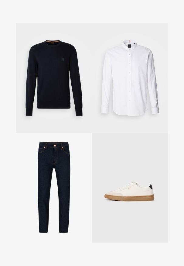 Marineblauwe gebreide trui met lange mouwen, ronde hals, geribbelde manchetten en zoom, met een klein vierkant logo-opdruk op de borst.; Witte lange mouwen shirt met een bandkraag, knoopsluiting aan de voorkant en afgeronde zoom. Gemaakt van katoen, met een gladde textuur en subtiele glans.; Donkerblauwe denim jeans met een slim fit, contrasterende oranje stiksels en een klassieke knoopsluiting. Voorzien van voorkruiden en taps toelopende benen.; Witte sneakers met beige accenten, bovenwerk van glad leer, ronde neus en rubberen gumzool, met een zwarte hieltab en subtiele branding.