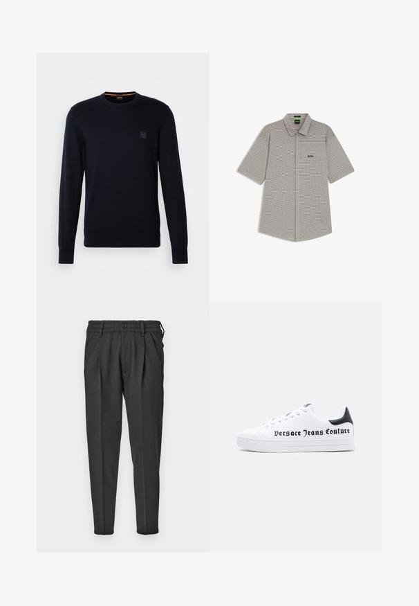 Marineblauwe gebreide trui met lange mouwen, ronde hals, geribbelde manchetten en zoom, met een klein vierkant logo-opdruk op de borst.; Beige overhemd met korte mouwen en knopen, met een subtiel rasterpatroon en "BOSS" logo op de linkerborst, plat gelegd op een witte achtergrond.; Zwarte broek van gladde stof, met een geplooide voorkant, elastische tailleband en rechte pijpen met een taps toelopende onderkant.; Witte lage sneaker met zwart hielstuk, vetersluiting en het logo "Versace Jeans Couture" in zwart op de zijkant gedrukt.