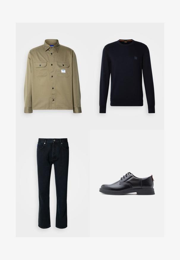 Pull en tricot bleu marine avec des manches longues, un col ras du cou, des poignets et un ourlet côtelés, arborant un petit logo carré sur la poitrine.; Chemise olive en tissu lisse avec boutons, dotée de deux poches poitrine, de boutons noirs et d'une étiquette de marque bleue et blanche.; HUGO JONAH - Jean droit - dark blue; Chaussures en cuir noir à lacets avec une texture lisse, un bout arrondi et des détails de couture discrets. Présentent une languette rouge à l'arrière.