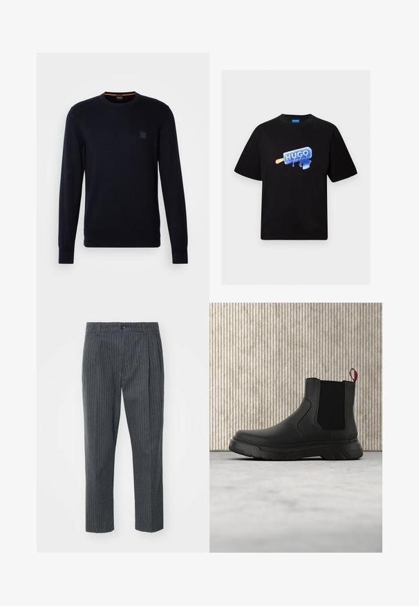 Jersey de punto azul marino con mangas largas, cuello redondo, puños y dobladillo acanalados, que presenta un pequeño parche con logotipo cuadrado en el pecho.; Camiseta negra de manga corta con un gráfico de polo azul que se derrite y el texto "HUGO" en la parte delantera, con cuello redondo.; Pantalones de rayas grises con un diseño de pierna recta, que cuentan con un cierre de botón y una textura de tela suave. Corte entallado con pinzas.; Botín negro con un acabado liso, paneles laterales elásticos y una lengüeta de tirón roja contrastante, que presenta una suela de goma gruesa y punta redondeada.