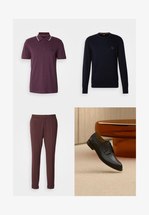 Pull en tricot bleu marine avec des manches longues, un col ras du cou, des poignets et un ourlet côtelés, arborant un petit logo carré sur la poitrine.; Polo shirt violet foncé avec une patte de boutonnage à deux boutons, des accents blancs sur le col et les manches, et un petit patch logo sur la poitrine.; Pantalons ajustés bordeaux avec une texture lisse, dotés de passants de ceinture, de plis avant et d'ourlets roulés pour un look ajusté.; Chaussure habillée en cuir noir à lacets flottant au-dessus d'un tapis beige, avec une table ronde orange en arrière-plan.