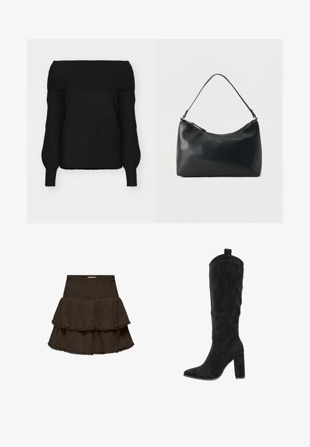 Sort off-shoulder sweater lavet af blødt strikmateriale, med ribbet kant, lange ærmer og en afslappet pasform. Ingen synlige mønstre.; Sort lagdelt mininederdel med smocket taljebånd og subtil blondekant på hver lagdelte flæsekant.; Knæhøje sorte støvler i ruskind med spids tå, tyk blokhæl og syninger på siderne. Træksnor øverst for nem påtagning.; Sort skuldertaske i struktureret læder med buet toplynlås og enkelt justerbar rem mod ensfarvet baggrund.