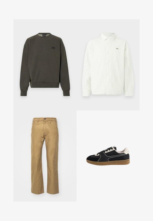 Mørke olivengrøn crewneck-sweatshirt med lange ærmer, ribstrikkede manchetter, kant og en lille sort Vans-logo på venstre bryst.; Lysegrøn kordfløjls-skjorte med lange ærmer, knaplukning foran, spidst krave og lille grønt Lacoste-logo på venstre bryst.; Khaki bukser lavet af bomuld. Lige pasform med en talje og forlommer. Har en enkelt baglomme og diskrete syninger.; Sort sneaker med overdel i ruskind og syntetisk læder, cremefarvede detaljer, runde snørebånd og sål i gummet gummi med struktur.