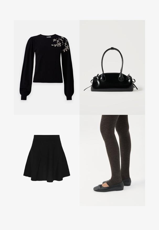 Object OBJTHESS EMBROIDERY PULLOVER - Džemper - black; Must A-lõikeline seelik, millel on vormitud vöökoht, mis laieneb õrnalt allääre suunas, näidatud ühevärvilisel valgel taustal.; Jalad seljas tumedad soonelises soonelises kombines mustade baleriinadega, millel on väikesed paelade detailid valgel taustal.; Väike must läikiv käekott kahe pika sangaga ja külgedel paelakinnitustega, ühel lihtsal helel taustal.
