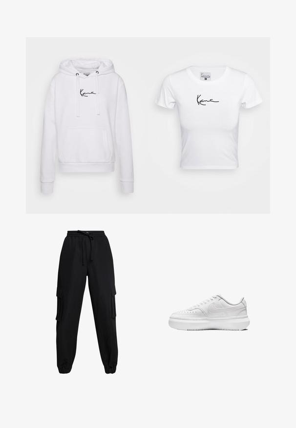 Sudadera blanca con cordones, bolsillo canguro y logo negro en el pecho. Tejido suave, puños y dobladillo acanalados para un ajuste ceñido.; Camiseta blanca corta, de manga corta, confeccionada en material de algodón suave. Presenta un logo en script negro en el pecho, cuello redondo y forma ajustada.; Pantalones cargo negros hechos de una tela ligera, con cinturilla elástica, cordón y bolsillos laterales. Los dobladillos en los tobillos completan el diseño.; Zapatillas blancas con parte superior de cuero liso, puntera redonda, detalles perforados y suela de goma blanca gruesa. Presenta el logotipo en el lateral y cordones planos.