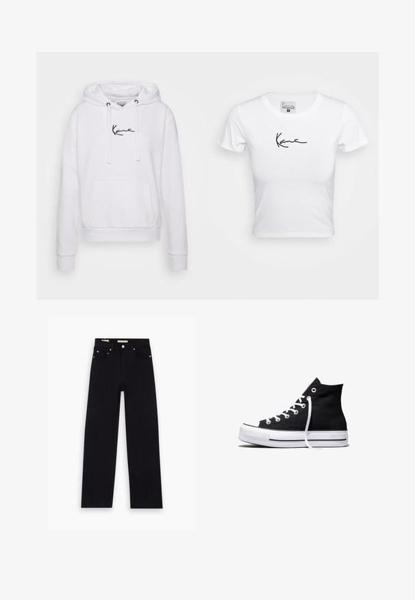 Hvid hoodie med snoretræk, kengurulomme og sort logo på brystet. Blødt stof, ribbede manchetter og kant for et tætsiddende look.; Hvid cropped t-shirt, kortærmet, lavet af blødt bommateriale. Har et sort skrifttype-logo på brystet, rund halsudskæring og tætsiddende facon.; Sorte denim jeans med lige pasform, fem lommer, kobberdetaljer og en glat tekstur. To mærker synlige på taljebåndet.; Sort high-top canvas sneaker med hvid gummisål og hvide snørebånd, vist fra siden mod en hvid baggrund.