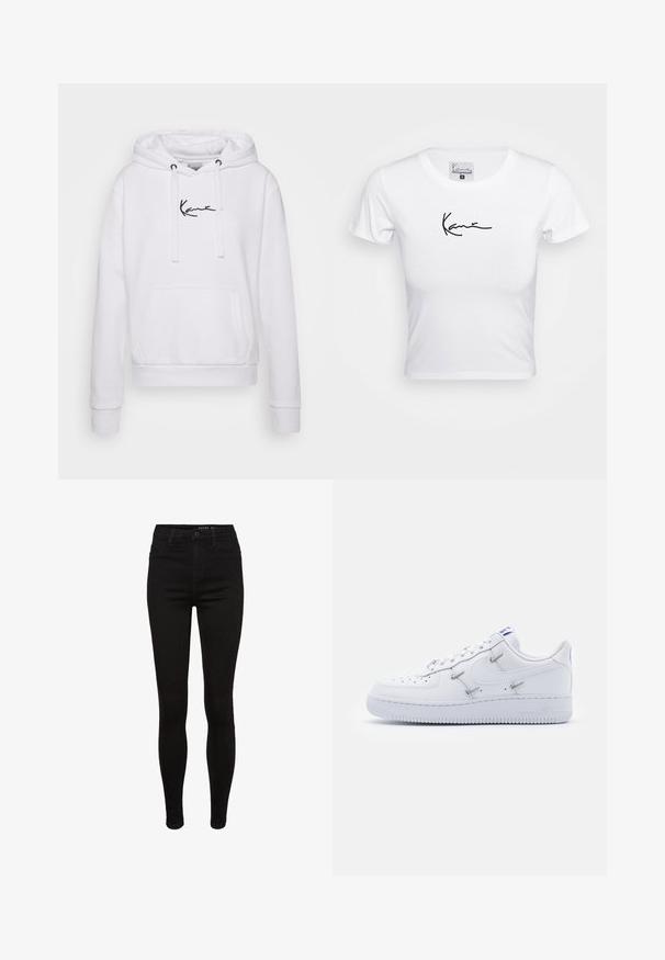 Hvid hoodie med snoretræk, kengurulomme og sort logo på brystet. Blødt stof, ribbede manchetter og kant for et tætsiddende look.; Hvid cropped t-shirt, kortærmet, lavet af blødt bommateriale. Har et sort skrifttype-logo på brystet, rund halsudskæring og tætsiddende facon.; Sorte skinny jeans i denim med høj talje, fem lommer, bæltestropper og subtile syninger. Glat tekstur, tætsiddende pasform.; Nike Sportswear AIR FORCE 1 - Sneakers - white/hyper royal/black