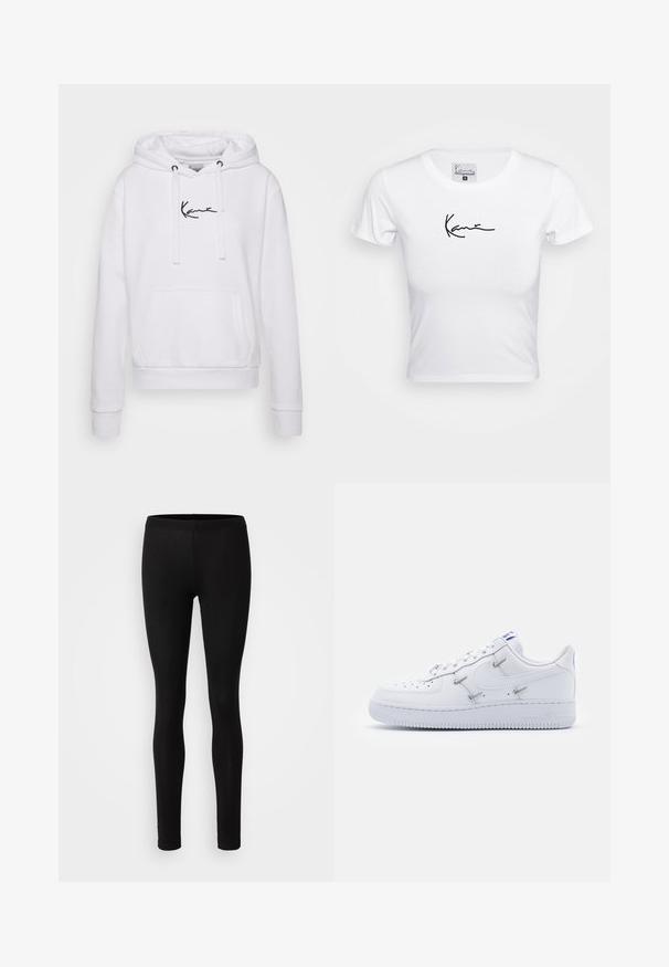 Sudadera blanca con cordones, bolsillo canguro y logo negro en el pecho. Tejido suave, puños y dobladillo acanalados para un ajuste ceñido.; Camiseta blanca corta, de manga corta, confeccionada en material de algodón suave. Presenta un logo en script negro en el pecho, cuello redondo y forma ajustada.; Leggings negros hechos de una tela suave y elástica. Tienen un ajuste ceñido con una cintura elástica y una textura suave y mate.; Nike Sportswear AIR FORCE 1 - Zapatillas - white/hyper royal/black