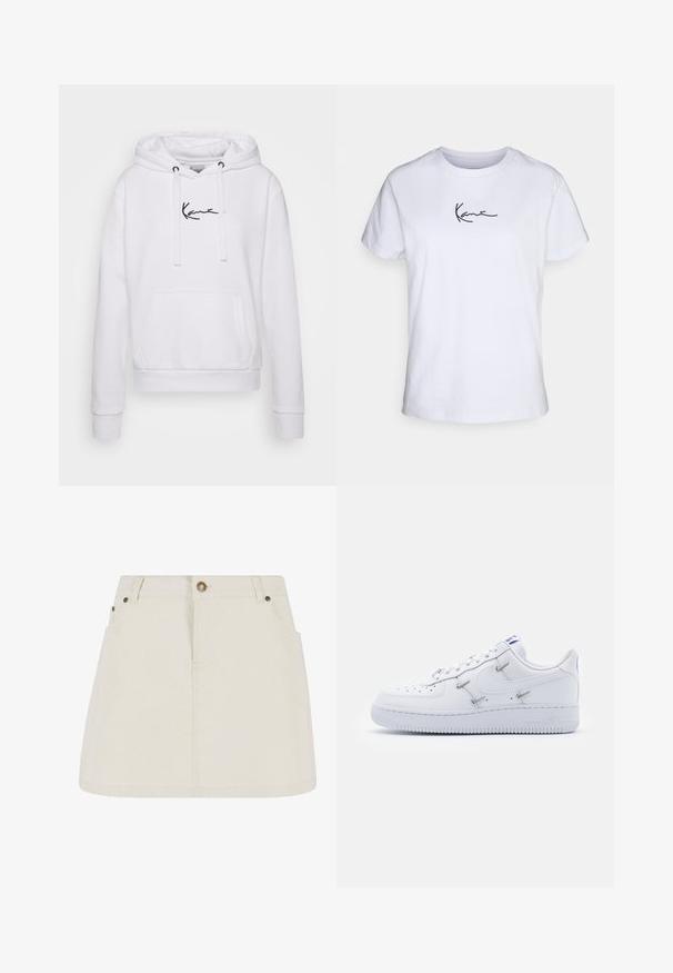 Witte hoodie met trekkoorden, kangoeroezak en zwart logo op de borst. Zachte stof, ribbelboorden en -zoom voor een getailleerde look.; Witte katoenen T-shirt met korte mouwen, voorzien van een zwarte geborduurde handtekening op de linkerborst. Klassiek crew neck ontwerp.; Leren denim minirok in lichtbeige, met een hoge taille, twee voorzakken en bronzen knoopaccenten. Gladde textuur en eenvoudig ontwerp.; Nike Sportswear AIR FORCE 1 - Sneakers laag - white/hyper royal/black