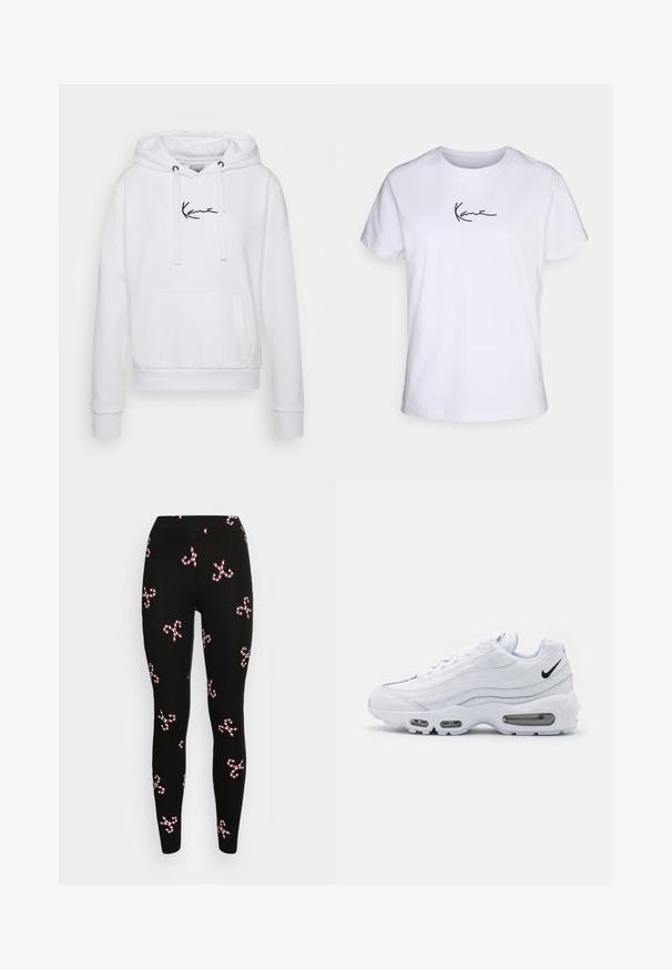 Weißer Hoodie mit Kordelzügen, Kängurutasche und schwarzem Logo auf der Brust. Weicher Stoff, gerippte Bündchen und Saum für eine enganliegende Passform.; Weißes Baumwoll-T-Shirt mit kurzen Ärmeln, das ein schwarzes gesticktes Logo im linken Brustbereich aufweist. Klassisches Rundhalsdesign.; ONLY ONLXMAS ELFI - Leggings - Hosen - blackjolly candy; Nike Sportswear AIR MAX 95 - Sneaker low - white/black