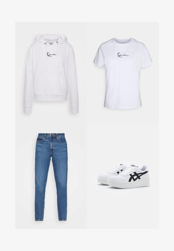 Weißer Hoodie mit Kordelzügen, Kängurutasche und schwarzem Logo auf der Brust. Weicher Stoff, gerippte Bündchen und Saum für eine enganliegende Passform.; Weißes Baumwoll-T-Shirt mit kurzen Ärmeln, das ein schwarzes gesticktes Logo im linken Brustbereich aufweist. Klassisches Rundhalsdesign.; Blaue Denim-Jeans mit schmalem Schnitt, hoher Taille, fünf Taschen und dezentem Verblassen im gesamten Stoff. Klassische Nähte setzen Akzente.; Weiße Sneaker mit einer strukturierten Oberfläche, schwarzen Seitenstreifen und einer dicken weißen Sohle. Verfügt über ein Schnürdesign und ein Logo auf der Zunge.