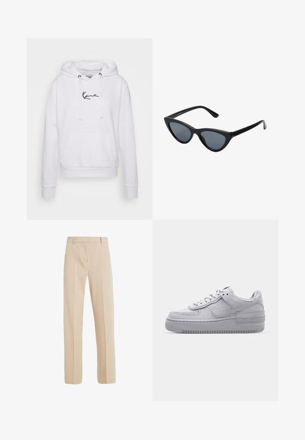 Weißer Hoodie mit Kordelzügen, Kängurutasche und schwarzem Logo auf der Brust. Weicher Stoff, gerippte Bündchen und Saum für eine enganliegende Passform.; Beige maßgeschneiderte Hose aus glattem Stoff, mit geradem Beinanschnitt, seitlichen Taschen und Bügelfalten auf der Vorderseite.; Graue Nike Air Force 1 Sneaker mit perforierter Zehenpartie, Obermaterial aus glattem Leder, dicker Sohle und geprägtem 'AIR'-Detail an der Ferse.; Schwarze Cat-Eye-Sonnenbrille mit dunkelgrauen Gläsern, schlankem Kunststoffrahmen, spitzen Ecken und geraden Bügeln. Keine sichtbaren Befestigungen oder Akzente.