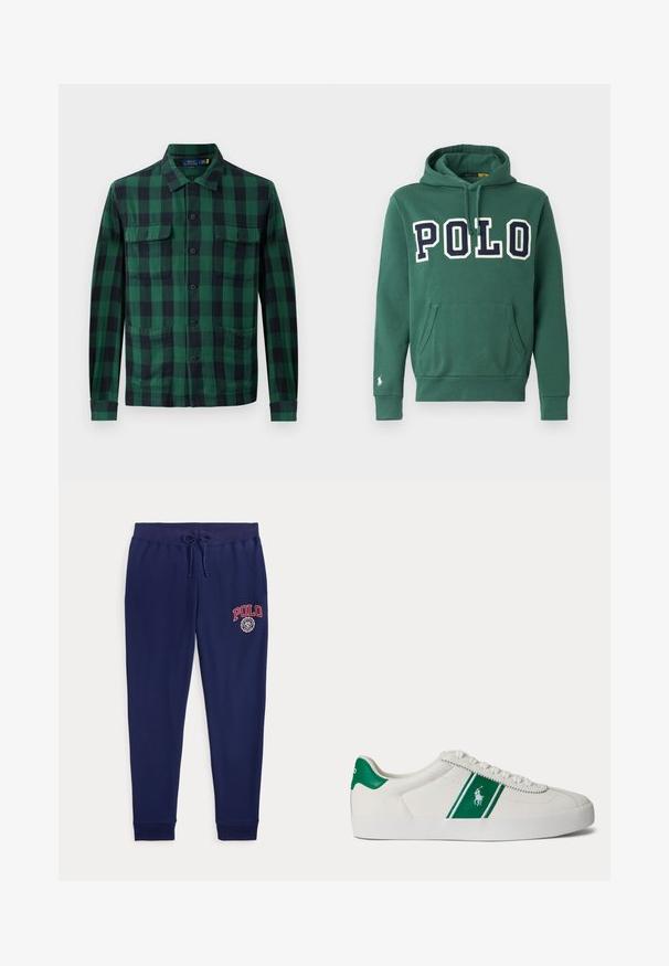 Sudadera verde hecha de algodón suave, con un gran logotipo "POLO" en color marino, bolsillo frontal, capucha ajustable con cordón y pequeño logotipo en la manga.; Camisa de cuadros verde y negra, hecha de tela, con cierre de botones en la parte delantera, dos bolsillos en el pecho y mangas largas con puños abotonados.; Pantalones deportivos azul marino con cintura ajustable mediante cordón y logotipo y emblema rojo de "POLO" en la parte superior del muslo izquierdo.; Zapatilla blanca de corte bajo con una franja verde y el logo de Polo en el lateral, lengüeta verde en el talón y cordones blancos, mostrada desde el lado izquierdo sobre un fondo liso.