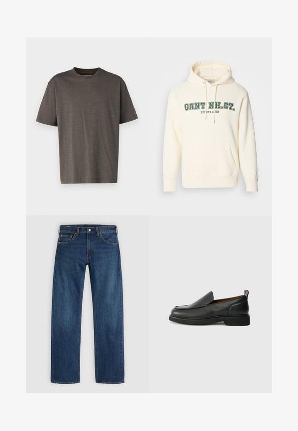 Krémová mikina s kapucňou, s klokankou, zaväzovaním na kapucni a zeleným potlačou "GANT NH. CT." a "SPORTS CLUB" na prednej strane.; Krátky rukáv T-shirt v tmavosivej farbe s textúrovaným, rebrovaným vzorom. Kolo výstrih a uvoľnený strih, vyrobený z mäkkej bavlny.; Modré džínsy z denimu so strihom s priamymi nohavicami, dizajnom s piatimi vreckami a detailmi v oranžovom stehu. Tkanina má hladkú textúru a bohatý odtieň.; Čierne kožené slip-on topánky s okrúhlym špičkou, textúrovaným zvrškom, kontrastným červeným prešívaním a nízkym podpätkom. Obsahujú slučkový úchyt.