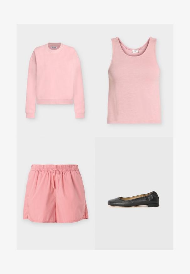 Sweat-shirt rose clair à manches longues avec col rond, poignets et ourlet côtelés, présenté à plat sur un fond gris clair.; Débardeur en maille côtelée rose clair sans manches avec encolure ronde et petite étiquette intérieure au dos.; Shorts roses en tissu léger, dotés d'une ceinture élastique avec un cordon de serrage, fentes latérales pour faciliter les mouvements.; Ballerines en cuir noir avec un bout arrondi et des coutures minimales. Talon bas et rectangulaire avec une texture lisse. Détails subtils de doublure intérieure.