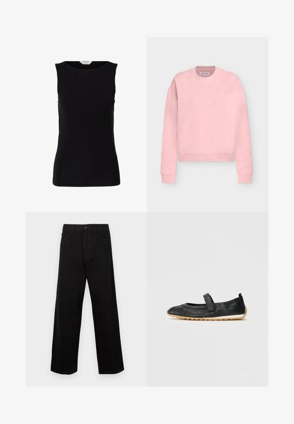 Sweat-shirt rose clair à manches longues avec col rond, poignets et ourlet côtelés, présenté à plat sur un fond gris clair.; Haut noir sans manches, cintré, avec encolure ronde et étiquette de marque blanche à l'intérieur du col.; Pantalon en jean noir à jambes larges, taille haute, cinq poches et fermeture par bouton à l'avant. Le matériau semble robuste avec une texture lisse.; Ballerines en cuir noir avec une sangle sur le dessus du pied, surface texturée et semelle en caoutchouc beige flexible. Conception à bout rond.