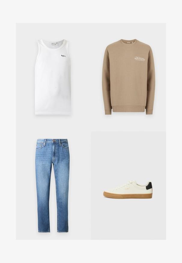 Sweat-shirt beige à col rond avec poignets et ourlet côtelés, arborant un texte blanc "Café Supérieur Montmartre" sur le côté gauche de la poitrine.; Débardeur blanc côtelé sans manches avec encolure arrondie et petit logo noir brodé sur la poitrine gauche.; Jean en denim bleu clair avec une coupe droite, un design à cinq poches, et une ceinture dotée d'un bouton et d'une fermeture éclair. Texture lisse.; Sneaker en toile blanche avec une semelle en gomme, accent au talon noir, bout rond et design à lacets. Présente le logo de la marque en doré sur le côté.