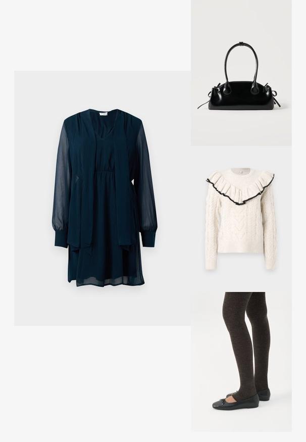 Strikket cremet sweater med kabelmønster, ribbede manchetter og en volang halsudskæring kantet med sort. Lange ærmer, rund hals, struktureret stof.; Marineblå langærmet kjole med gennemskinnelige ærmer, V-udskæring, indsnoet talje og fastgjort langt tørklæde foran.; Ben iført mørke ribbede leggings kombineret med sorte balletsko med små sløjfedetaljer på hvid baggrund.; Lille sort blank håndtaske med to lange håndtag og snøre-detaljer i siden på en ensfarvet lys baggrund.