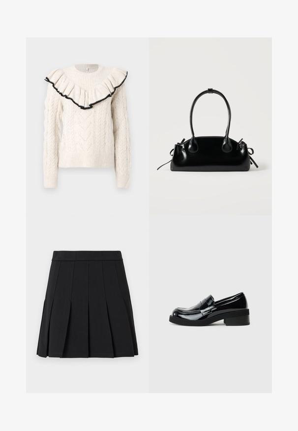 Pull en crème tricoté avec un motif en relief, des poignets côtelés et un col à volants bordé de noir. Manches longues, col rond, tissu texturé.; Jupe plissée noire en tissu lisse. Elle présente une large ceinture et plusieurs plis aiguille verticaux.; Mocassins en cuir verni noir avec un bout rond, un petit talon carré et une finition lisse et brillante. Présente une sangle décorative à l'avant.; Petit sac à main noir brillant avec deux longues anses et des détails à cordon sur les côtés sur un fond clair uni.