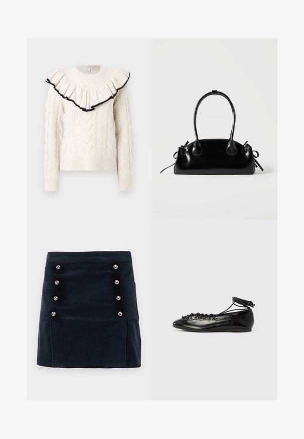 Strikket cremet sweater med kabelmønster, ribbede manchetter og en volang halsudskæring kantet med sort. Lange ærmer, rund hals, struktureret stof.; Marineblå corduroy nederdel med lige pasform, fem metalliske knapper foran og to sidelommer for funktionalitet.; Sorte balletflade sko i laklæder med rundet tå, snørelukning og flad sål. Glat tekstur med få detaljer.; Lille sort blank håndtaske med to lange håndtag og snøre-detaljer i siden på en ensfarvet lys baggrund.