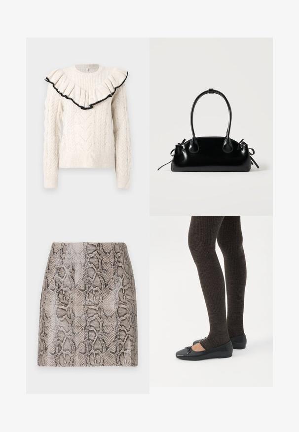 Strikket cremet sweater med kabelmønster, ribbede manchetter og en volang halsudskæring kantet med sort. Lange ærmer, rund hals, struktureret stof.; En tætsiddende miniskørt med en blank, struktureret faux slangeskindsprint i nuancer af beige og sort, med en glat overflade og uden synlige lukninger.; Ben iført mørke ribbede leggings kombineret med sorte balletsko med små sløjfedetaljer på hvid baggrund.; Lille sort blank håndtaske med to lange håndtag og snøre-detaljer i siden på en ensfarvet lys baggrund.