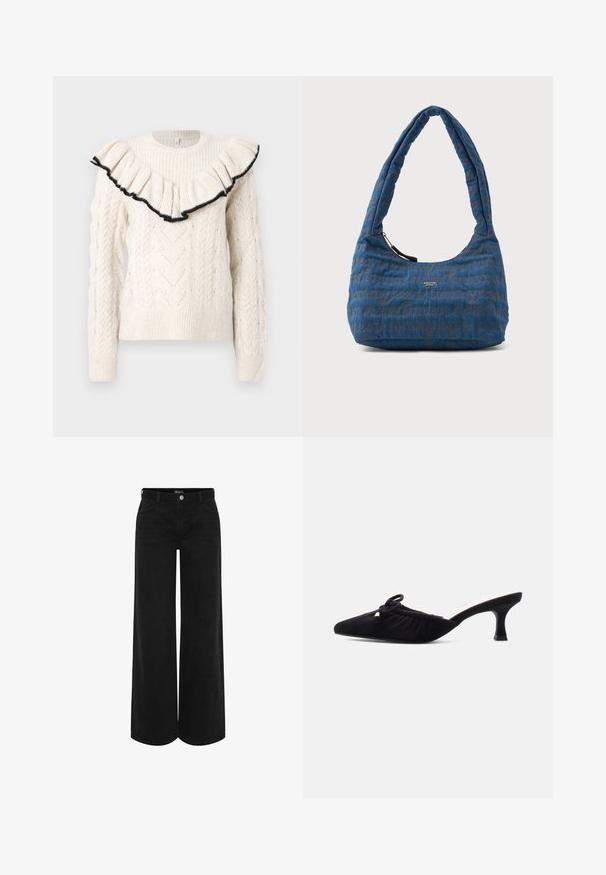 Cremefarbener Strickpullover mit Zopfmuster, gerippten Bündchen und einem rüschierten Halsausschnitt in Schwarz. Lange Ärmel, runder Ausschnitt, strukturiertes Material.; Schwarze, weit geschnittene Denim-Hosen mit hoher Taille, ausgestattet mit einem vorderen Knopfverschluss, zwei seitlichen Taschen und einem klassischen Fünf-Taschen-Design.; Schwarzer Wildleder-Mule mit spitz zulaufender Spitze, gerafftem Obermaterial, dekorativer Schleife und mittelhohem Kitten-Heel auf hellem einfarbigem Hintergrund.; Blaue Stoff-Schultertasche mit strukturiertem, gestepptem Design und subtilen braunen Logotext. Verfügt über einen gebogenen Griff und einen Reißverschluss.