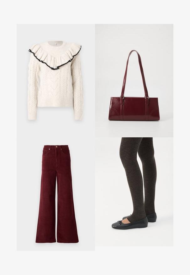 Strikket cremet sweater med kabelmønster, ribbede manchetter og en volang halsudskæring kantet med sort. Lange ærmer, rund hals, struktureret stof.; Bredde ben bukser i kordfløjl i burgunder, med høj talje, forlommer og knaplukning. Struktureret ribbet stof hele vejen igennem.; Ben iført mørke ribbede leggings kombineret med sorte balletsko med små sløjfedetaljer på hvid baggrund.; Bordeaux håndtaske lavet af glansfuldt materiale, rektangulær form, med to skulderremme og subtile buede detaljer på forsiden.