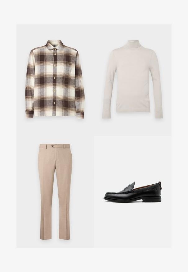 Lys beige turtleneck sweater lavet af glat stof, med lange ærmer og en figursyet design, samt en ribbet halsudskæring og manchetter.; Brun og creme ternet skjorte med lange ærmer, lavet af et blødt stof; har en spredt krave og lyse træknapper.; Beige bukser lavet af et letvægtsstof, har en lige pasform, enkelt knaplukning og to forlommer.; Sort læder herre loafer med moc-tå syning, penny strop, struktureret krave og lav stablet hæl på hvid baggrund.