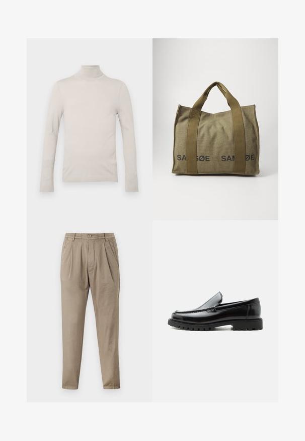 Suéter de cuello alto beige claro hecho de un tejido suave, con mangas largas y un diseño ajustado, con un cuello y puños acanalados.; Pantalones beige de tejido suave, con un ajuste relajado, frente con pliegues, cinturilla elástica y perneras estrechas.; Mocasín de cuero negro con suela de goma gruesa, empeine cosido y nombre de la marca en relieve en el talón, mostrado en perfil lateral sobre fondo blanco.; Bolsa de tela en color verde oliva con el texto "SAMSØE" en negro y en negrita, que presenta dos asas tejidas resistentes y una forma rectangular estructurada.