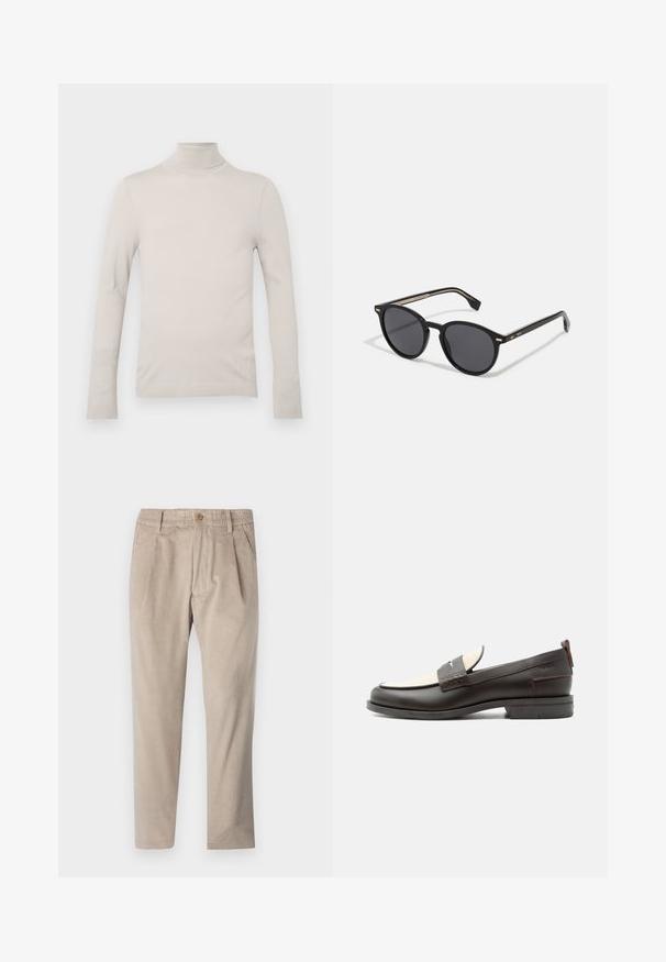 Lys beige turtleneck sweater lavet af glat stof, med lange ærmer og en figursyet design, samt en ribbet halsudskæring og manchetter.; Beige kordfløjspants med elastisk talje, knaplukning og plisseelementer, har et lige ben-design og struktureret stof.; Mørkebrune herresko i læder med cremefarvet stofpanel og klassisk syning på remmen, flad sål og trækskærm ved hælen.; BOSS Solbriller - black