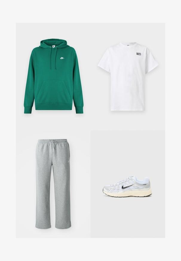 Sweat à capuche vert avec une poche kangourou, une capuche à cordon de serrage et un petit logo Nike blanc sur la poitrine. Confectionné en tissu doux avec des poignets côtelés.; T-shirt blanc à manches courtes et col rond avec petit logo noir Nike swoosh dans un rectangle sur le côté gauche de la poitrine.; Pantalons de survêtement en coton gris avec une taille élastique, fermeture à cordon et jambes droites. Comprend un petit logo sur le côté supérieur gauche.; Baskets blanches en mesh avec des accents argentés, un swoosh noir de Nike, un col rembourré et une semelle texturée. Elles présentent un design superposé pour plus de stabilité.