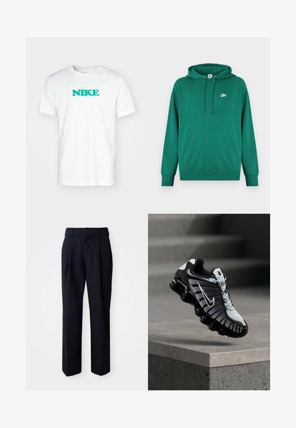 Grüner Kapuzenpullover mit Kängurutasche, verstellbarer Kapuze und kleinem weißem Nike-Logo auf der Brust. Hergestellt aus weichem Stoff mit gerippten Bündchen.; Weißes Baumwoll-T-Shirt mit rundem Halsausschnitt und kurzen Ärmeln. Verfügt über ein großes grünes "NIKE"-Logo und darunter Text in Grün und Gelb.; Schwarze Hosen mit geradem Schnitt, aus glattem Stoff. Verfügt über einen Bundknopf, Gürtelschlaufen und gefaltete Frontdetails für Struktur.; Schwarz-weißes Nike-Laufschuh, der über einer Betonoberfläche mit einem gestuften Stein-Hintergrund schwebt.