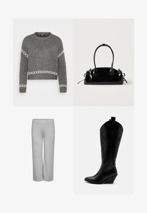 Grå strikket sweater med rund hals, prydet med hvide korsstingdetaljer på ærmer og kant. Blød tekstur, cropped design.; Grå sweatpants med bred bendesign, blød tekstur og elastisk talje, uden synlige mønstre eller hardwaredetaljer.; Sort læder cowboystøvle med spidst tåparti, skråt blokhælhæl, dekorative sømme og trækstropper øverst mod hvid baggrund.; Lille sort blank håndtaske med to lange håndtag og snøre-detaljer i siden på en ensfarvet lys baggrund.