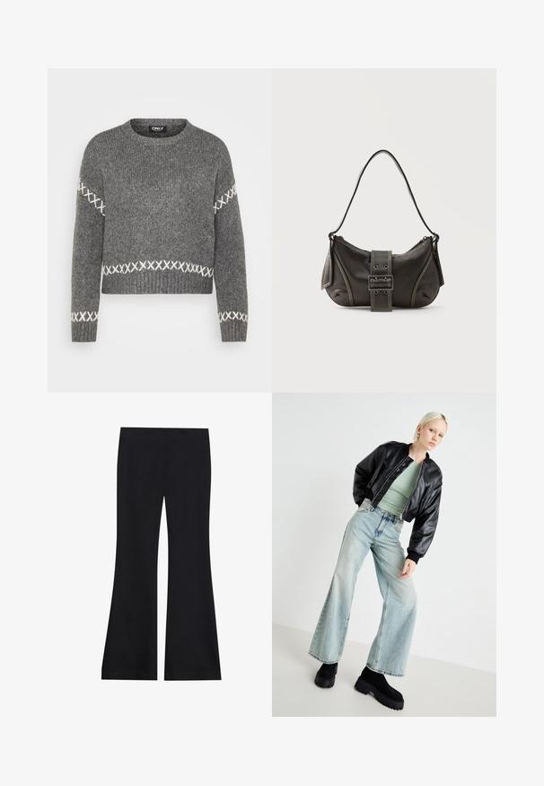 Jersey gris de punto con cuello redondo, que presenta acentos en punto de cruz blancos en las mangas y el dobladillo. Textura suave, diseño recortado.; Pantalones acampanados negros hechos de una tela suave y elástica; cuentan con una cinturilla lisa y un diseño de pierna ancha; acabado sin costuras en todo.; Chaqueta bomber de cuero negro, top ajustado verde claro, jeans de pierna ancha azul claro y botas de plataforma gruesas negras. Texturas suaves y colores contrastantes.; Bolso de hombro de cuero negro con detalle de correa con hebilla, bordes curvos y costuras blancas en contraste sobre un fondo liso.