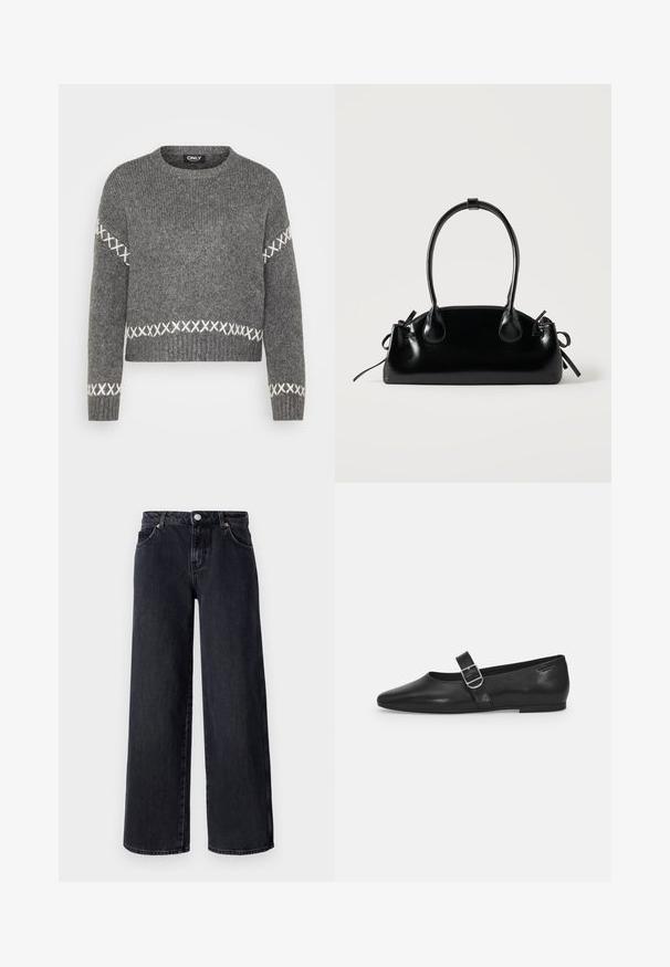 Sivý pletený sveter s okrúhlym výstrihom, s bielymi krížovými stehmi na rukávoch a leme. Jemná textúra, skrátený strih.; Vero Moda Petite VMREMY MR WIDE - Široké nohavice - black denim; Čierna kožená plochá obuv s okrúhlym nosom, jedným nastaviteľným pásikom so sponou a hladkým, lesklým povrchom. Minimalistický dizajn s nízkym podpätkom.; Malá čierna lesklá kabelka s dvoma dlhými rúčkami a bočnými šnúrkovými detailmi na jednoduchom svetlom pozadí.
