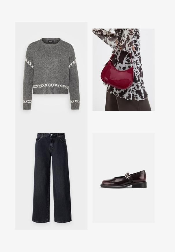 Grå strikket sweater med rund hals, prydet med hvide korsstingdetaljer på ærmer og kant. Blød tekstur, cropped design.; Vero Moda Petite VMREMY MR WIDE - Wide leg - black denim; En enkelt blank mørk burgunder Mary Jane sko med bred rem og sølvspænde, lav blokhæle og rundet tå på hvid baggrund.; Kvinde iført en sort- og hvidmønstret bluse, der holder en blank rød skuldertaske mod en ensfarvet baggrund.
