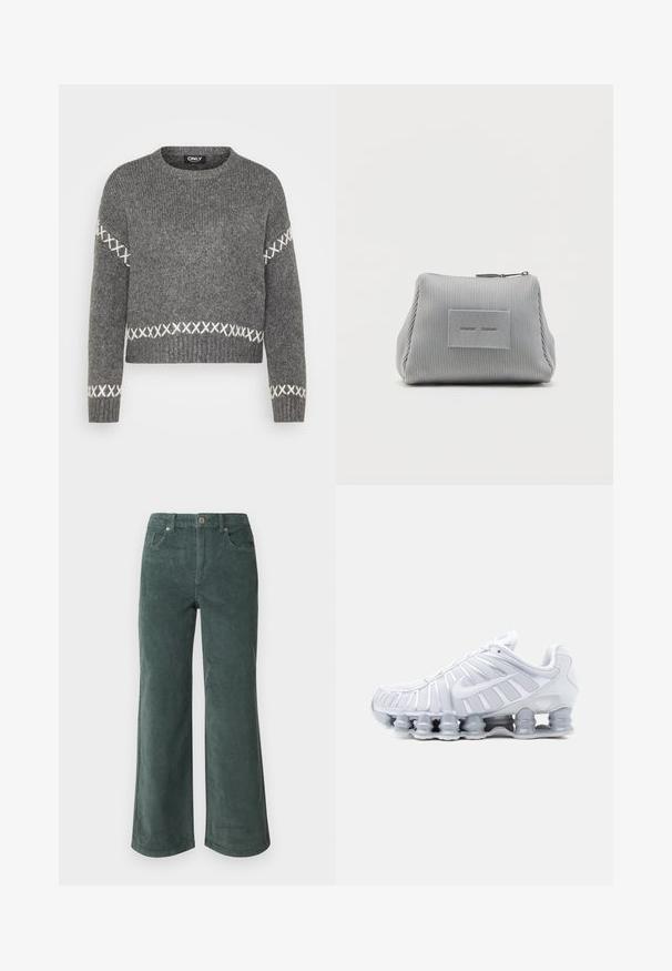 Grå strikket sweater med rund hals, prydet med hvide korsstingdetaljer på ærmer og kant. Blød tekstur, cropped design.; Vero Moda Petite VMTESSA PANTS - Bukser - balsam green; Hvid atletisk sneaker med mesh-overdel, lagdelte paneler, Nike swoosh og en karakteristisk fjedrende segmenteret sål for polstring og støtte.; Grå ribbet stof lynlås pose med et rektangulært syet mærke foran, sat mod en enkel hvid baggrund.