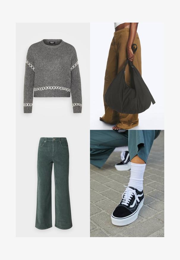 Grå strikket sweater med rund hals, prydet med hvide korsstingdetaljer på ærmer og kant. Blød tekstur, cropped design.; Vero Moda Petite VMTESSA PANTS - Bukser - balsam green; Sorte ruskinds sneakers med hvide accenter og snørebånd, der har en tyk hvid sål og kontrasterende syninger, parret med en hvid sok.; Person iført brune vidde bukser og hvid top holder en stor sort blød håndtaske i remmen ved siden.