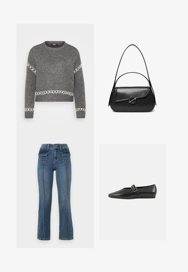 Grå strikket sweater med rund hals, prydet med hvide korsstingdetaljer på ærmer og kant. Blød tekstur, cropped design.; ONLY Petite ONLWAUW MID WAIST FLARED - Flared jeans - medium blue denim; Sorte læder flade sko med spidse tæer, prydet med en metallisk spænde over vristen og en lav, fleksibel sål.; Sort skuldertaske i læder med en buet klap, der er fastgjort med en rund metal spænde, og en slank, justerbar rem.