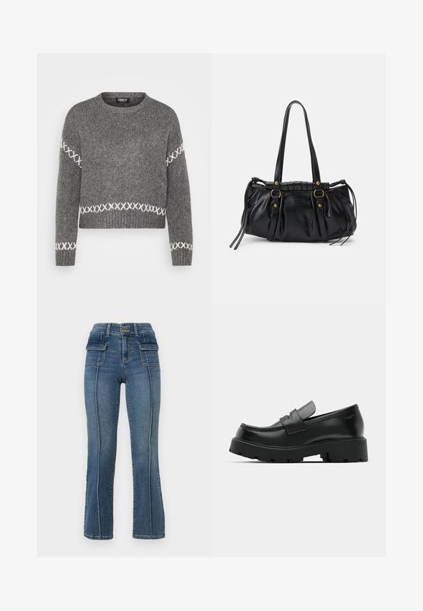 Grauer Strickpullover mit Rundhalsausschnitt, der weiße Kreuzstichakzente an den Ärmeln und dem Saum aufweist. Weicher Textur, cropped Design.; ONLY Petite ONLWAUW MID WAIST FLARED - Flared Jeans - medium blue denim; Schwarze Leder-Loafers mit einer chunky strukturierten Sohle, ausgestattet mit einem Riemen über dem Spann und einer glatten, polierten Oberfläche.; Schwarze Lederhandtasche mit runder Form, doppelten Griffen, dekorativen Hardware-Details und seitlichen Bindebändern. Glatte, glänzende Textur.