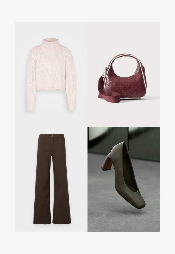Lys rosa ribbet turtleneck sweater, cropped længde, med lange ærmer og en blød tekstur. Minimalistisk design uden synligt hardware.; Mørkebrune højtaljede bukser med brede ben, knaplukning og bæltestropper, præsenteret mod en enkel hvid baggrund.; Mørke olivengrøn lædersko med høj hæl, firkantet tå og blokhæl, svævende over et gråt betongulv med en sløret grøn baggrund.; Mørkerød vævet lædertaske med buet hank, hvid kant, sølv lynlås og aftagelig bred stofskulderrem mod en ensfarvet baggrund.