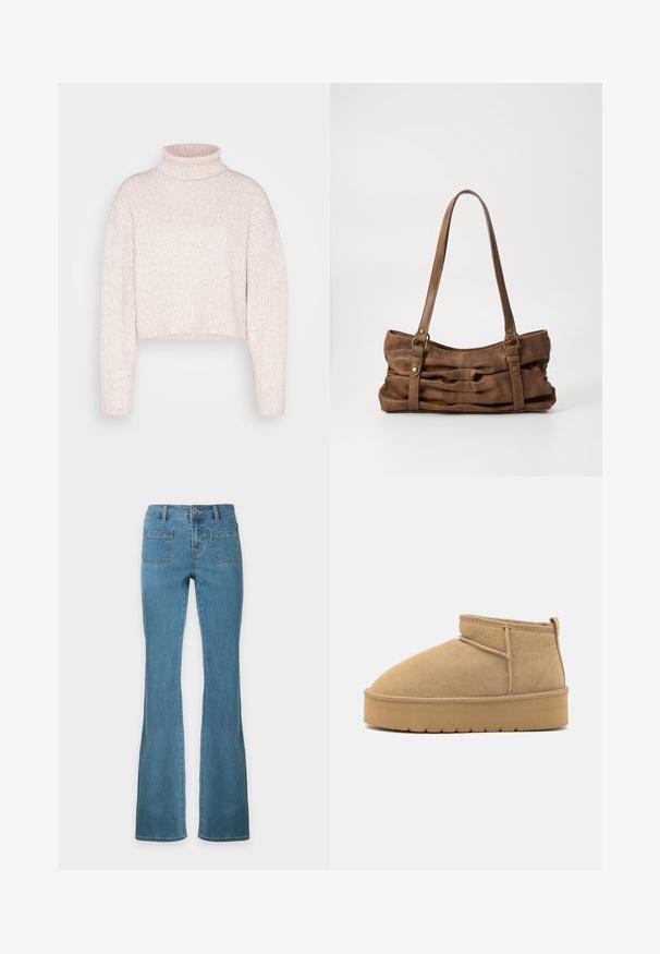 Lys rosa ribbet turtleneck sweater, cropped længde, med lange ærmer og en blød tekstur. Minimalistisk design uden synligt hardware.; Blå denim flared jeans med forlommer, bæltestropper, knap og lynlås, vist fladt mod en hvid baggrund.; Beige suede ankelstøvler med rund tå, minimale syninger og en lysebrun gummisål med et tekstureret mønster.; Even&Odd Håndtasker - brown