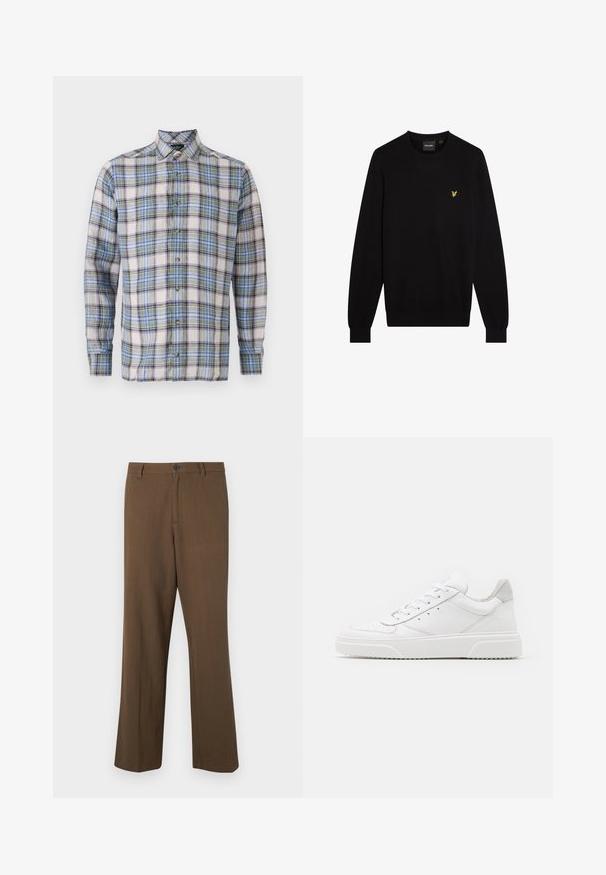 Sort sweater lavet af blødt stof med rund halsudskæring og lange ærmer. Lille gul broderet logo på venstre bryst.; Skjorte med tern i hvide, blå, grønne og lilla nuancer. Har en klassisk krave, lange ærmer og knapper foran. Letvægtsstof.; Brune, lige bukser lavet af tekstureret stof, med knaplukning og standard talje, samt sidelommer og skrædder-sømme.; Hvide lædersneakers med en glat finish, rund tå, flade snørebånd og en struktureret sål. Grå ruskindsdetalje ved hælen.