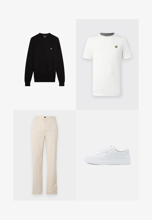 Sort sweater lavet af blødt stof med rund halsudskæring og lange ærmer. Lille gul broderet logo på venstre bryst.; Hvid bomulds-T-shirt med rund hals, korte ærmer og grå halskant; har en lille gul broderet logo på brystet.; Lyse beige bomuldsbukser med lige ben-design, der har en frontknaplukning, lynlåslukning og minimale syninger.; Hvide lædersneakers med glat tekstur, rund tå og ton-i-ton syning. Har blå snørebånd og et gult logo på siden.