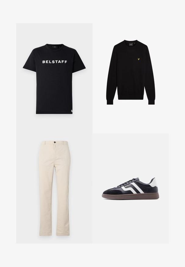Schwarzer Pullover aus weichem Stoff mit Rundhalsausschnitt und langen Ärmeln. Kleines gelbes gesticktes Logo auf der linken Brust.; Schwarzes Baumwoll-T-Shirt mit Rundhalsausschnitt, kurzen Ärmeln und weißem "BELSTAFF"-Logo, das über die Brust gedruckt ist.; Helle beige Baumwollhose mit geradem Bein, vorn mit Knopfverschluss, Reißverschluss und minimalen Nähten.; Schwarze Sneaker aus Velours- und synthetischem Material mit weißen diagonalen Streifen und brauner, strukturierter Sohle. Verfügt über ein Schnürdesign und gepolsterten Kragen.