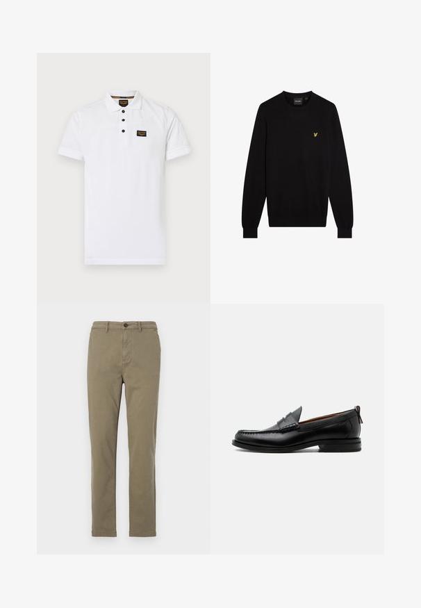 Zwarte trui van zachte stof, met een ronde halslijn en lange mouwen. Klein geel geborduurd logo op de linkerborst.; Witte polo shirt gemaakt van gestructureerd katoen, met een drieknops sluiting, korte mouwen en een zwart logo op de borst.; Olijfgroene katoenen chino's met een recht beenontwerp, sluiting met knoop aan de voorkant en zijzakken. Soepele textuur en minimale afwerking.; Zwarte leren herensloffen met moc toe stiksel, pennyriem, gestructureerde kraag en lage gestapelde hak op witte achtergrond.