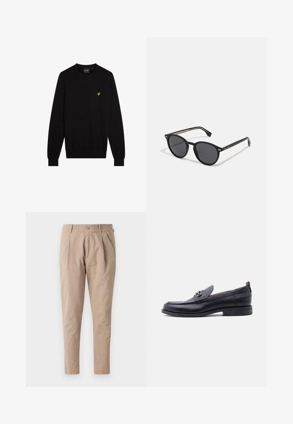 Pull noir en tissu doux, avec un col rond et des manches longues. Petit logo jaune brodé sur le côté gauche de la poitrine.; Pantalons en coton beige avec une coupe décontractée, taille élastique, fermeture à bouton et poches latérales. Texture lisse, conception à jambes fuselées.; Mocassin en cuir noir avec empeigne texturée grise, détail boucle en métal argenté, petit talon et languette à l'arrière.; BOSS Lunettes de soleil - black