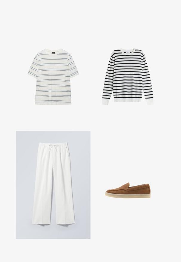 Witte sweater met lange mouwen en gelijkmatig verdeelde zwarte horizontale strepen, met een ronde halslijn, plat gelegd op een witte achtergrond.; Witte T-shirt met korte mouwen, bekleed met dunne, gelijkmatig verdeelde horizontale marineblauwe strepen en een ronde hals.; Witte wijde broek met elastische tailleband en trekkoord, voorzien van zijzakken en een gladde, licht gestructureerde stof.; Bruine suède slip-on loafer met beige rubberen zool en minimale stikseldetails, zij-aanzicht op een witte achtergrond.